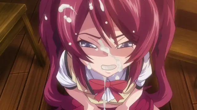 A close-up shot shows an anime girl with long pink hair and a red ribbon, her face covered in white fluids and expressing an dazed, pleasure-filled expression as she looks toward the camera. Screenshot from Tokubetsu Jugyou 3 SLG - Episode 1