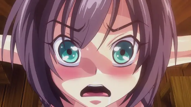 An anime girl with purple hair and large green eyes has a shocked and blushing expression with her mouth open. Screenshot from Tokubetsu Jugyou 3 SLG - Episode 1