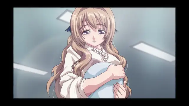 A long-haired anime girl with large purple eyes and small cat ears wears a white ruffled dress and holds a blue object to her chest while looking forward with a slight smile. Screenshot from Tokubetsu Jugyou 3 SLG - Episode 2