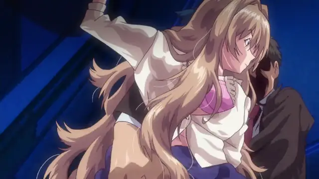 A blushing anime girl with long blonde hair is being pressed against a wall and kissed by a man in a suit. Screenshot from Tokubetsu Jugyou 3 SLG - Episode 2