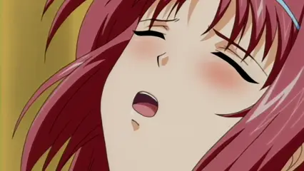 An anime girl with long red hair and a blue headband has her eyes closed and her mouth open in a dazed, blushing expression. Screenshot from Futari no Aniyome - Episode 2