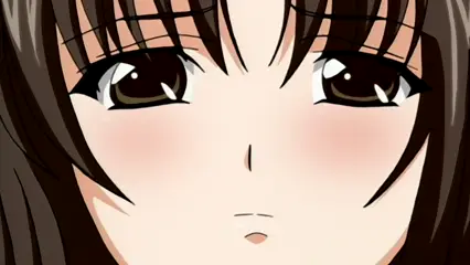 A close-up anime shot of a young girl with dark brown hair and blushing cheeks looking forward with a neutral expression. Screenshot from Futari no Aniyome - Episode 2