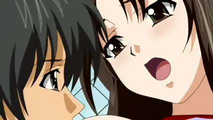 A close-up shot of a black-haired boy with a focused expression and a brown-haired girl with a blushing face as he licks her breast. Screenshot from Futari no Aniyome - Episode 2