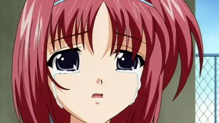 A close-up anime girl with red hair and a blue ribbon headband is crying with large tears streaming down her face. Screenshot from Futari no Aniyome - Episode 2