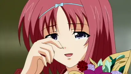 A crying anime girl with pink hair and a blue headband wipes a tear from her eye while wearing a traditional Japanese kimono adorned with flowers. Screenshot from Futari no Aniyome - Episode 2