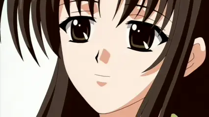 An anime girl with long dark hair and large brown eyes looks forward with a subtle smile. Screenshot from Futari no Aniyome - Episode 2