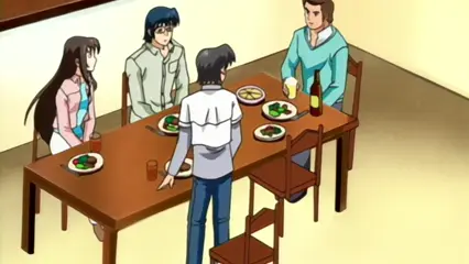 Four people, two men and two women, are gathered around a dining table in a room, with one man standing and facing away from the viewer while the others sit and face forward. Screenshot from Futari no Aniyome - Episode 1