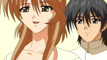 A brown-haired woman with a playful expression leans in towards a black-haired man in a white uniform who has a surprised look on his face. Screenshot from Futari no Aniyome - Episode 1