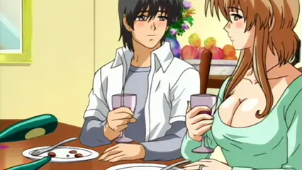 A young man with dark hair and a woman with long brown hair sit at a table eating food and drinking from glasses. Screenshot from Futari no Aniyome - Episode 1