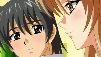 An anime girl with long light brown hair leans in close to a black-haired boy, looking into his eyes with a blushing, seductive expression. Screenshot from Futari no Aniyome - Episode 1