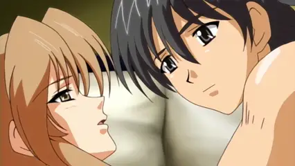 A close-up shot shows an anime girl and a man with dark hair facing each other with intimate expressions while positioned against a large breast. Screenshot from Futari no Aniyome - Episode 1