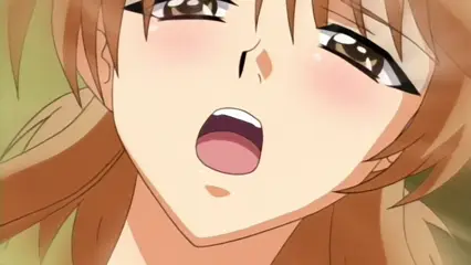 A close-up of a blushing anime girl with long light-brown hair and heavy eyeliner, her mouth wide open in an expression of intense pleasure or arousal. Screenshot from Futari no Aniyome - Episode 1
