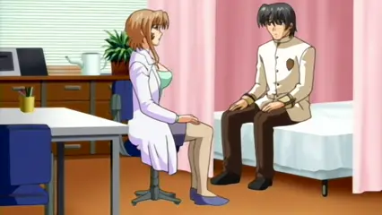 A girl in a white lab coat and a man in a tan uniform sit across from each other in a clinic or examination room with pink curtains. Screenshot from Futari no Aniyome - Episode 1