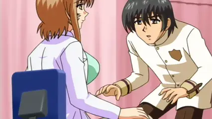 A woman in a light purple lab coat sits on a chair while a man in a white uniform kneels before her, reaching out to touch her thigh in an anime scene. Screenshot from Futari no Aniyome - Episode 1