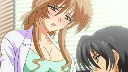 A blushing woman with long brown hair and a white blazer over a green top looks down at a black-haired man who is leaning in close to her face. Screenshot from Futari no Aniyome - Episode 1
