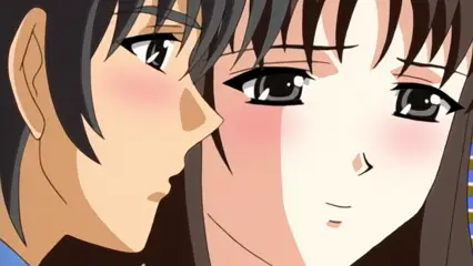 A black-haired male anime character leans in closely to nuzzle and kiss a blushing, long-haired female anime character on the cheek. Screenshot from Futari no Aniyome - Episode 1