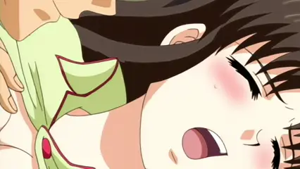 A blushing anime girl in a light green school uniform is shown from a side profile with her mouth open and eyes partially closed as she is being held from behind by a person with dark hair. Screenshot from Futari no Aniyome - Episode 1