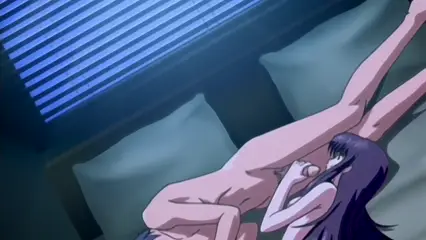 A long-haired woman in a white bikini sits on a bed while a naked man with dark hair lies on his back, penetrating her from behind. Screenshot from Futari no Aniyome - Episode 1