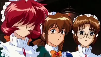 Three anime girls with frilly white collars and bows stand together, with the girl on the left having red hair and closed eyes and the girls on the right having brown hair and surprised expressions. Screenshot from Hinadori no Saezuri - Episode 2