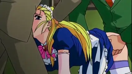 A blonde girl in a maid outfit is being bent over and penetrated from behind by a man in a suit while a second man in a green suit stands nearby, with the subtitle "Oh, yes..." appearing at the bottom. Screenshot from Hinadori no Saezuri - Episode 2