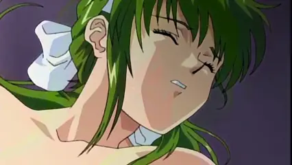 A close-up shot of a green-haired anime girl with a blushing face and closed eyes, looking distressed or in pleasure while leaning her head back. Screenshot from Hinadori no Saezuri - Episode 2