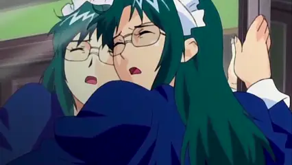 Two maid servants with long teal hair, glasses, and ruffled white headbands are seen in a close embrace on a train, with the maid in the foreground pressing her face against the other's neck while looking startled. Screenshot from Hinadori no Saezuri - Episode 2