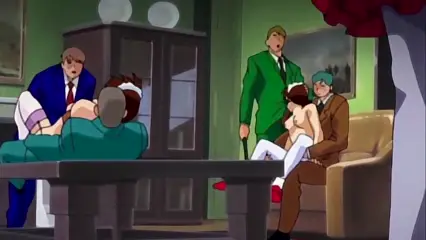 In a lavishly decorated room, a blonde woman is being gangbanged by several men, with one man in a blue suit standing over her on a table and another man in a brown suit sitting on a sofa while holding her as a man in a green suit watches. Screenshot from Hinadori no Saezuri - Episode 2