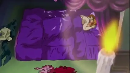 In a dimly lit bedroom with purple curtains and a large purple bed, a woman lies exhausted on the mattress while a person lies dead on the floor in a red dress. Screenshot from Hinadori no Saezuri - Episode 2