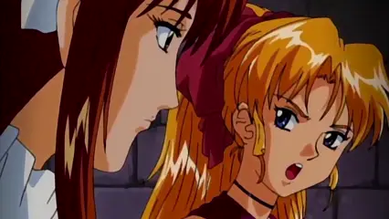 A woman with long brown hair looms over a blonde woman with a shocked expression, both set against a stone wall background. Screenshot from Hinadori no Saezuri - Episode 2
