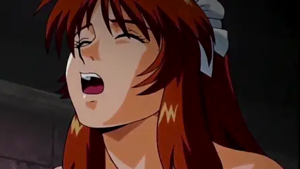 A close-up shot of an anime girl with red hair and a white ribbon in her hair, who is shown with her eyes closed and her mouth open in a moan. Screenshot from Hinadori no Saezuri - Episode 2