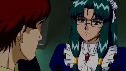 A man with red hair looks intensely at a girl with green hair wearing glasses and a maid outfit. Screenshot from Hinadori no Saezuri - Episode 2
