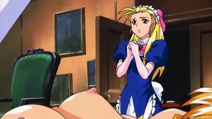 A blonde maid in a blue and white dress looks on with a worried expression as a nude, orange-haired woman lies naked across a desk in a luxurious room. Screenshot from Hinadori no Saezuri - Episode 2
