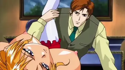 A man in a vest and tie looks down at a blonde woman lying on a bed while holding her leg up, revealing her underwear. Screenshot from Hinadori no Saezuri - Episode 2