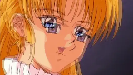A close-up shot of a blonde anime girl with purple eyes and a ruffled white collar looking down with a blushing, slightly embarrassed expression. Screenshot from Hinadori no Saezuri - Episode 1