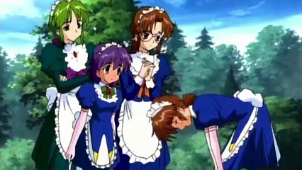 Four anime girls dressed in maid outfits stand in a forest, with the one on the far right bending over forward while the others watch with neutral expressions. Screenshot from Hinadori no Saezuri - Episode 1