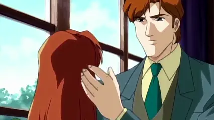A man with orange hair in a suit reaches out to touch the face of a red-haired woman who is looking away from him in a room with a large window. Screenshot from Hinadori no Saezuri - Episode 1
