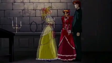 Three characters in an anime scene stand in a stone room, with a woman in a yellow dress, a woman in a red dress, and a man in a suit. Screenshot from Hinadori no Saezuri - Episode 1