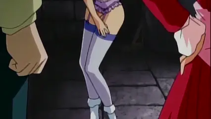 A young woman in a purple bikini bottom and white stockings stands between two figures in a dungeon-like setting. Screenshot from Hinadori no Saezuri - Episode 1