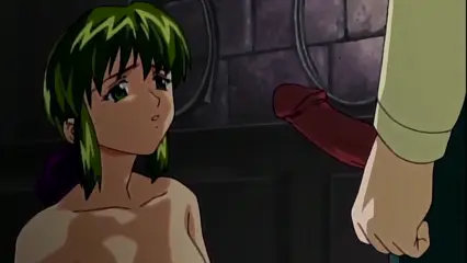 A nude anime girl with green hair looks up with a surprised expression at a man holding a large dildo against a stone wall with metal rings. Screenshot from Hinadori no Saezuri - Episode 1