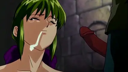 A woman with green hair and a dazed expression has a thick trail of white fluid dripping down from her mouth while a man in a red glove stands before her. Screenshot from Hinadori no Saezuri - Episode 1