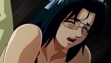 A woman with glasses and long black hair, wearing a frilled headpiece, appears to be enjoying a sexual act with a pained yet pleasurable expression on her face. Screenshot from Hinadori no Saezuri - Episode 1