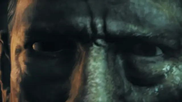 A cinematic close-up of a rugged, masculine man with an intense, stern expression and deep wrinkles, featuring weathered skin and an intimidating gaze. Screenshot from Kunoichi 2 Extra - Beastly Bacchanalia