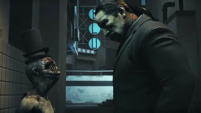 A large, muscular man with long hair and a beard wearing a black suit stands tall, looking down menacingly at a small, ugly monster with large teeth wearing a top hat in a dystopian urban setting featuring Japanese neon signs. Screenshot from Kunoichi 2 Extra - Beastly Bacchanalia