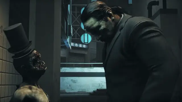 A muscular man in a dark suit towers over a small, grotesque monster wearing a top hat in a futuristic, dimly lit urban street at night. Screenshot from Kunoichi 2 Extra - Beastly Bacchanalia
