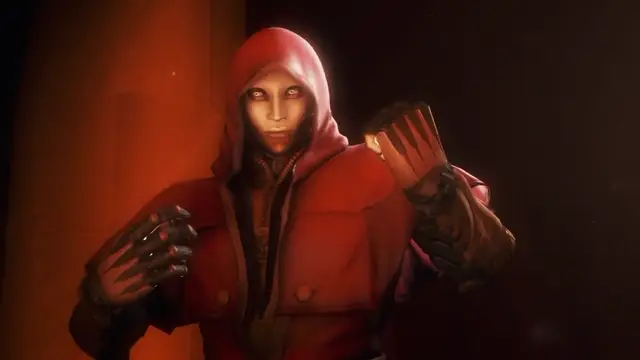 A grey-skinned humanoid creature with glowing yellow eyes and metallic claws stands in a dark room wearing a red hooded robe. Screenshot from Kunoichi 2 Extra - Beastly Bacchanalia