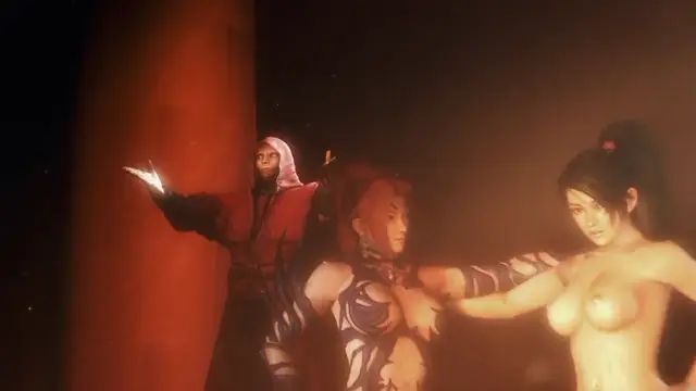A masked man in red robes stands in a dark, cavernous hall, holding a glowing orb while commanding two submissive, nearly nude women with large exposed breasts who appear to be his captives. Screenshot from Kunoichi 2 Extra - Beastly Bacchanalia