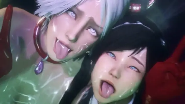 Two girls with white and black hair are shown in a close-up shot, their faces and bodies dripping in cum as they stick out their tongues with glazed, orgasmic eyes. Screenshot from Kunoichi 2 Extra - Beastly Bacchanalia