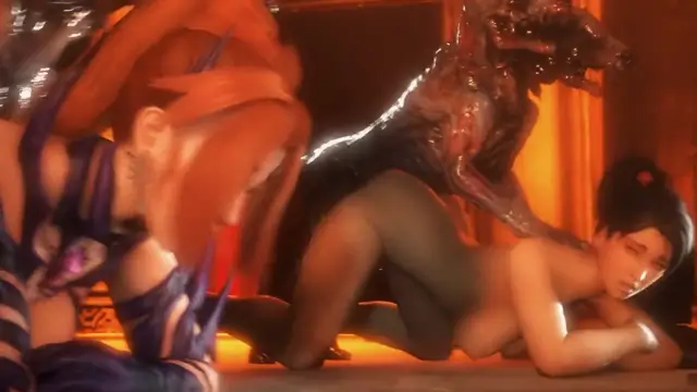 A monstrous reptilian beast fucks a black-haired girl from behind while she is on all fours in a dimly lit room, with an orange-haired girl watching from the foreground. Screenshot from Kunoichi 2 Extra - Beastly Bacchanalia