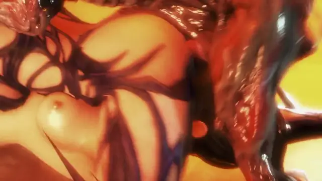 A close-up shot of a monster girl with large breasts being penetrated by a huge, ribbed cock. Screenshot from Kunoichi 2 Extra - Beastly Bacchanalia