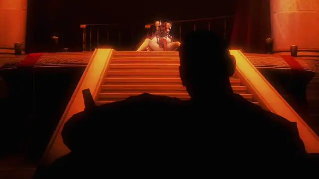 A silhouette of a man watches a sexy woman in a white dress sitting on a stage in a dimly lit, theater-like setting. Screenshot from Kunoichi 2 Extra - Beastly Bacchanalia